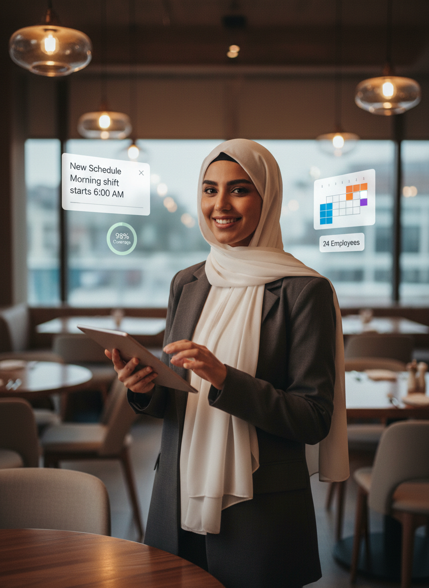 Saudi restaurant manager using Jadwal scheduling app on tablet